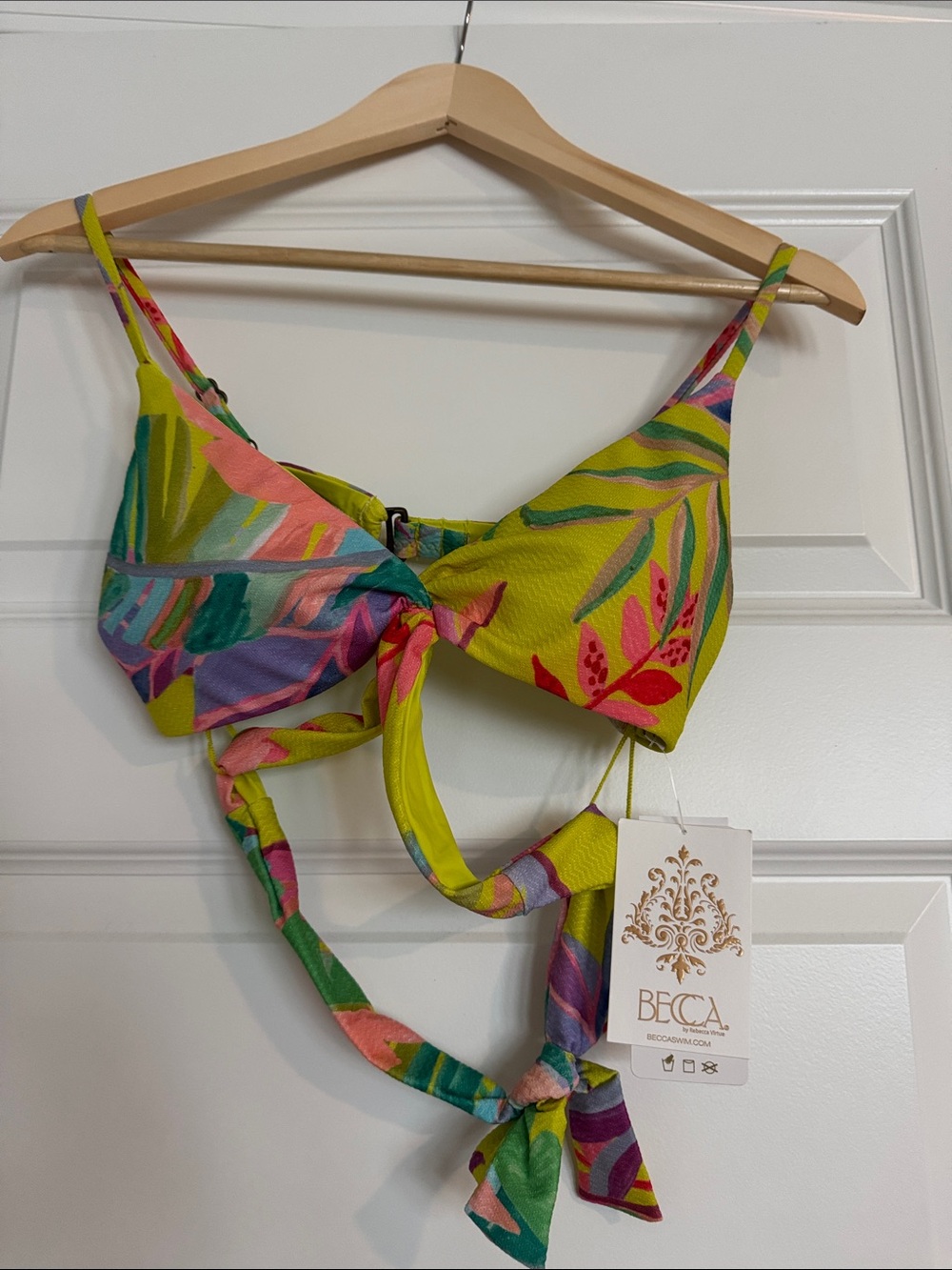 BECCA Lime Multicolor Tropical Tie-Front Bikini Top